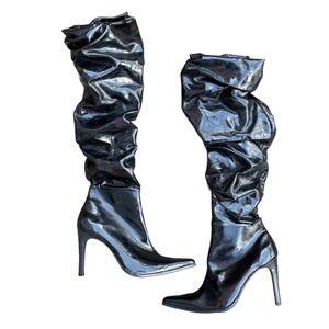 Hot Topic Black Patent Vegan Leather Scrunched Knee High Stiletto Boots 9